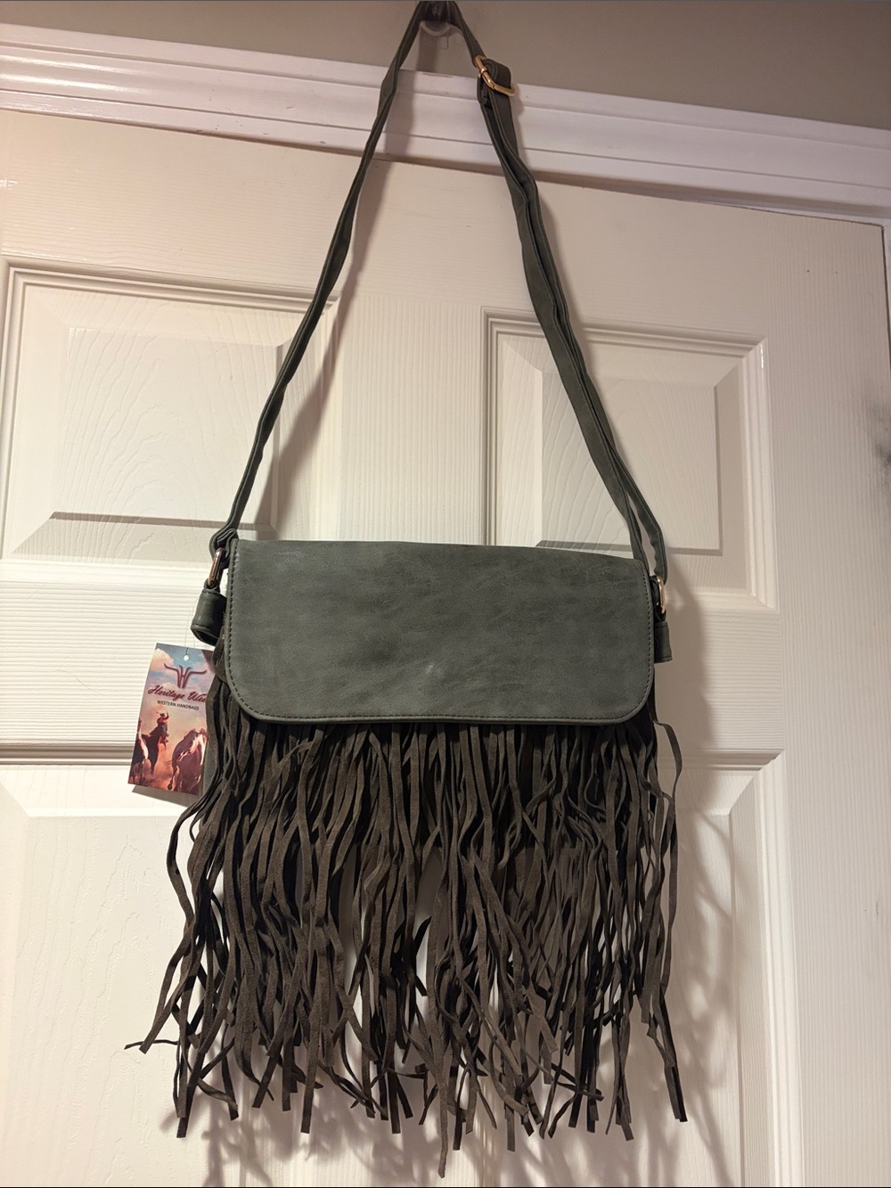 Heritage West Fringe Crossbody Bag with Adjustable Strap in Olive Green